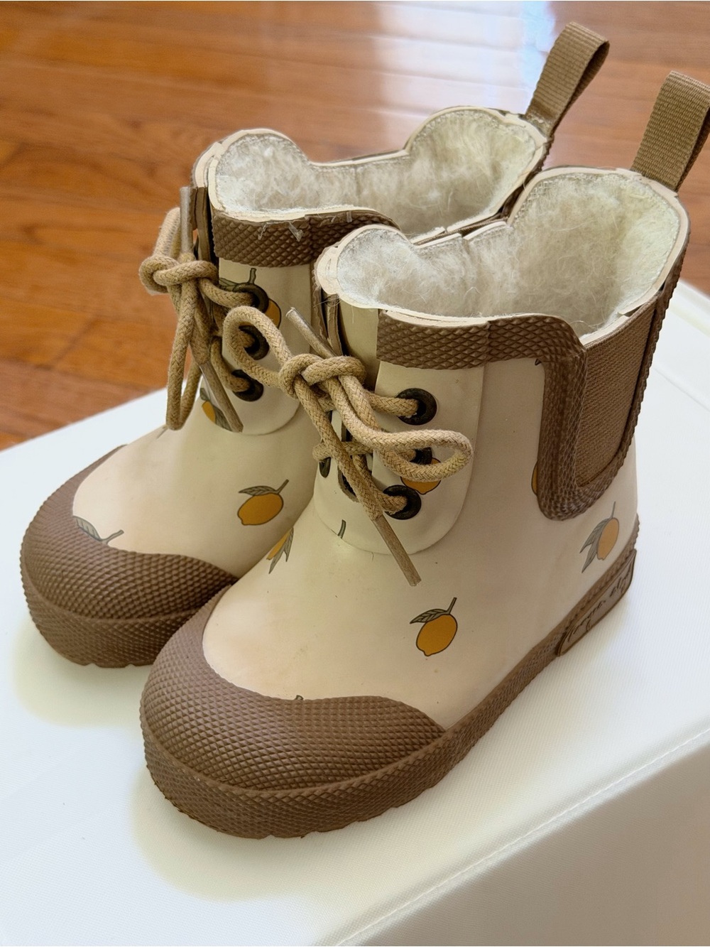 Children's Beige & Brown Lemon Rain Boots with Faux-Fur Lining